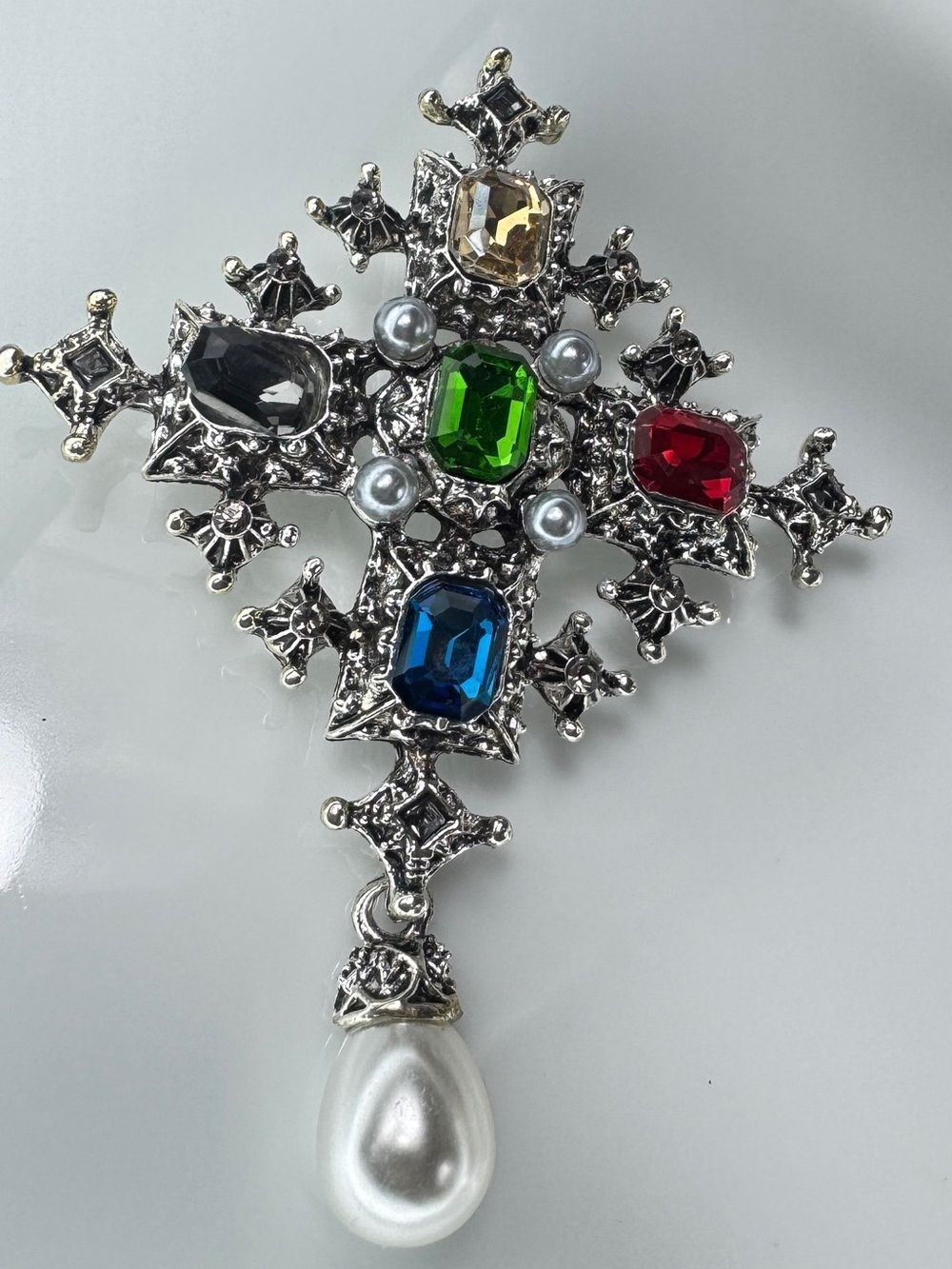 Multicolor Gem Cross Pendant Brooch with Pearl Drop - Picture 5 of 8